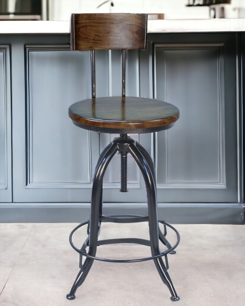 Homeroots 23" Chestnut And Black Steel Swivel Low Back Adjustable Height Bar Chair   516179