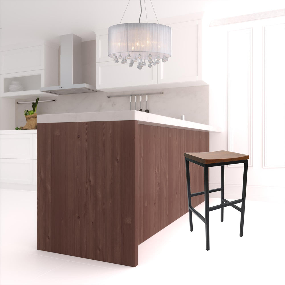 Homeroots 30" Chestnut And Black Steel Swivel Backless Bar Height Bar Chair   516181