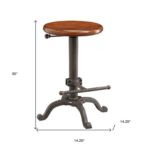 Homeroots 30" Chestnut And Gray Steel Swivel Backless Adjustable Height Bar Chair   516184