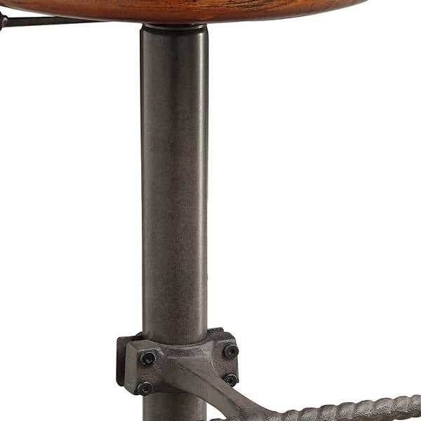 Homeroots 30" Chestnut And Gray Steel Swivel Backless Adjustable Height Bar Chair   516184