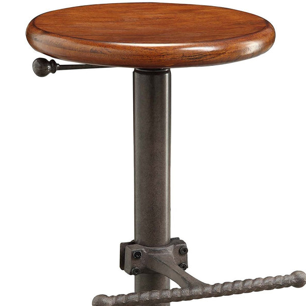 Homeroots 30" Chestnut And Gray Steel Swivel Backless Adjustable Height Bar Chair   516184