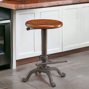 Homeroots 30" Chestnut And Gray Steel Swivel Backless Adjustable Height Bar Chair   516184