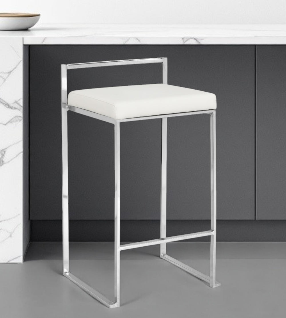 Homeroots 31" White And Silver Faux Leather And Solid Wood Low Back Bar Height Bar Chair   516186