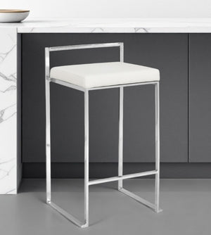 Homeroots 31" White And Silver Faux Leather And Solid Wood Low Back Bar Height Bar Chair   516186