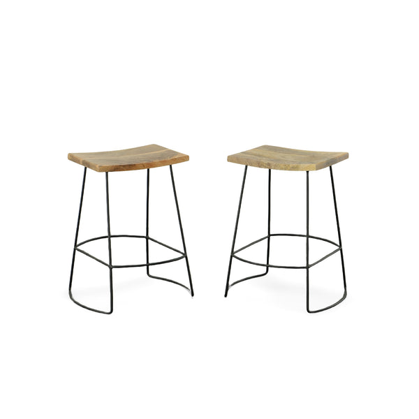 Homeroots Set Of Two 25" Natural And Black Steel Backless Counter Height Bar Chairs   516192