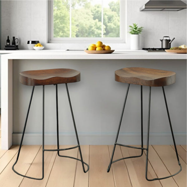 Homeroots Set Of Two 25" Chestnut And Black Steel Backless Counter Height Bar Chairs   516193