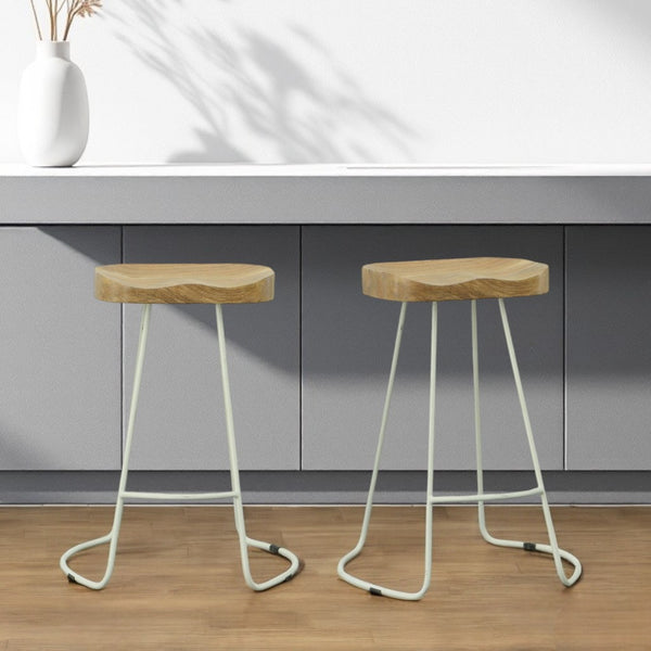 Homeroots Set Of Two 25" Natural And White Steel Backless Counter Height Bar Chairs   516195