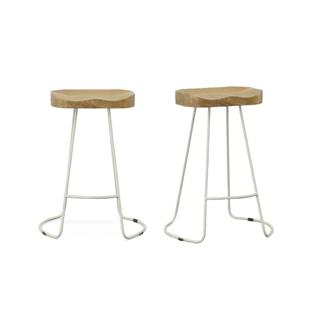 Homeroots Set Of Two 25" Natural And White Steel Backless Counter Height Bar Chairs   516195