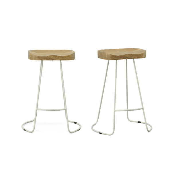 Homeroots Set Of Two 25" Natural And White Steel Backless Counter Height Bar Chairs   516195