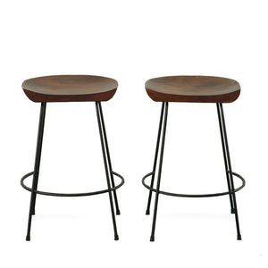 Homeroots Set Of Two 25" Chestnut And Black Steel Backless Counter Height Bar Chairs   516196