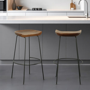 Homeroots Set Of Two 31" Chestnut And Black Steel Backless Bar Height Bar Chairs   516199