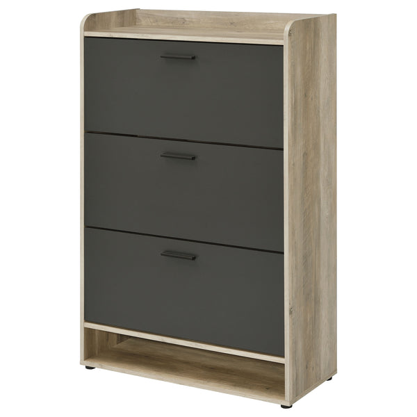 English Elm Kyla 3-Tier Engineered Wood Shoe Cabinet with Decorative Top Surface, Antique Pine Accents, Grey Finish B062P299909