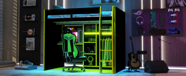 English Elm Full Size Loft Bed with Rgb Lighting Desk Open Wardrobe and Storage for Gaming Rooms Green LT000277AAG