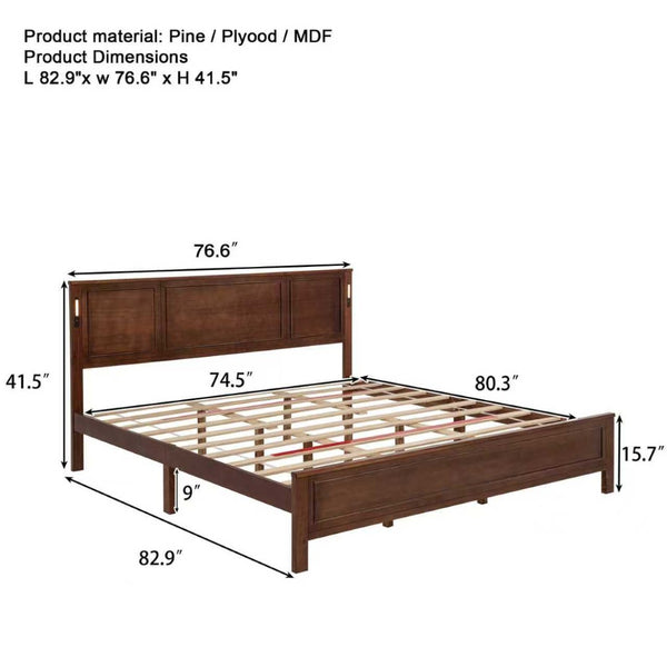 English Elm King Pine Wood Platform Bed with Led Lighting Usb Charging Tall Panel Headboard Walnut W504S00275