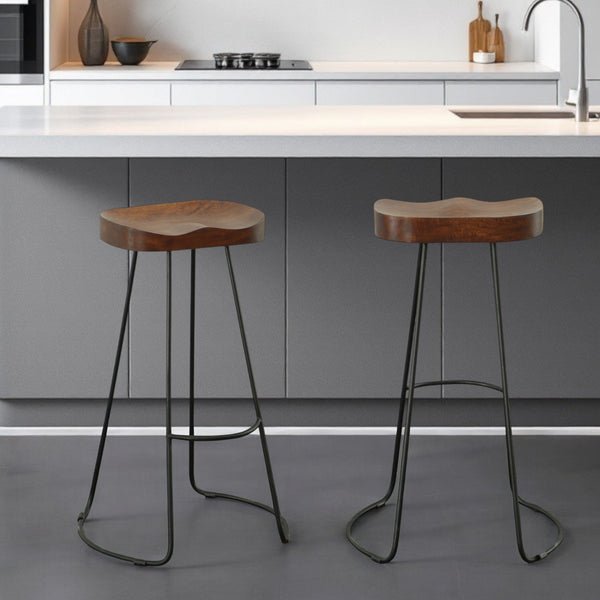 Homeroots Set Of Two 31" Chestnut And Black Steel Backless Bar Height Bar Chairs   516201