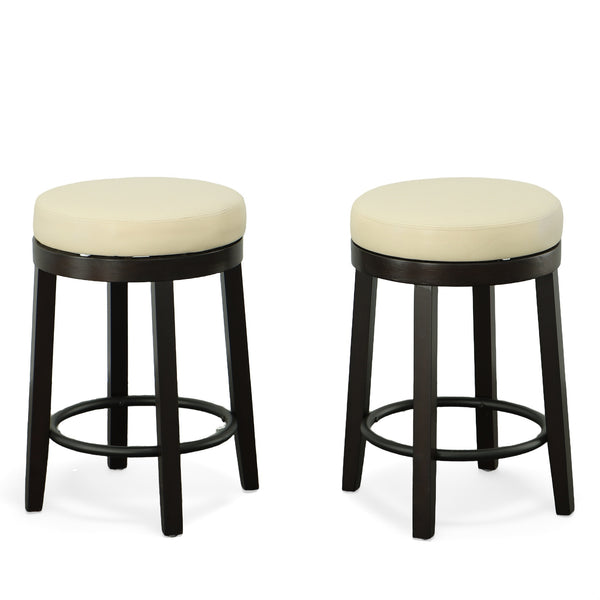 Homeroots Set Of Two 24" Cream And Espresso Faux Leather And Solid Wood Swivel Backless Counter Height Bar Chairs   516203