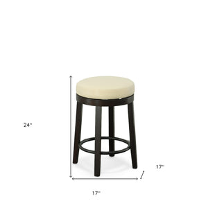 Homeroots Set Of Two 24" Cream And Espresso Faux Leather And Solid Wood Swivel Backless Counter Height Bar Chairs   516203