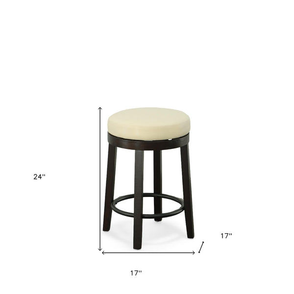 Homeroots Set Of Two 24" Cream And Espresso Faux Leather And Solid Wood Swivel Backless Counter Height Bar Chairs   516203