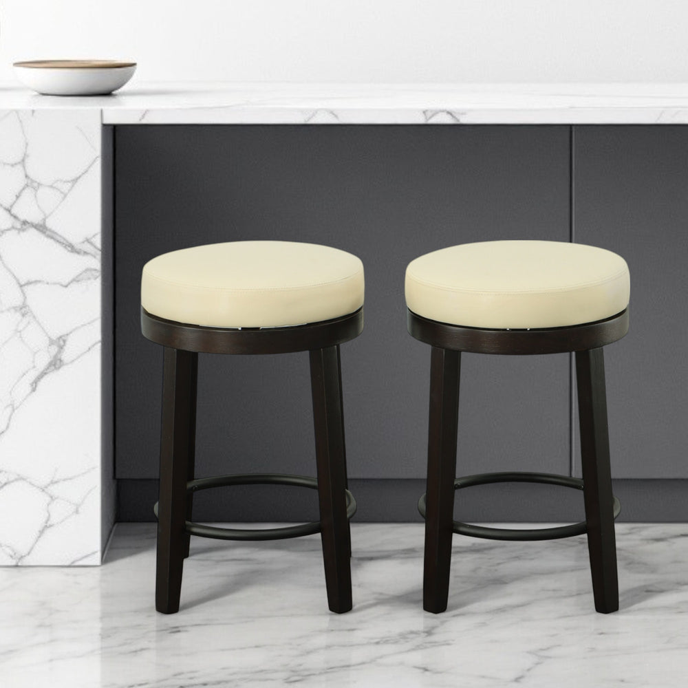 Homeroots Set Of Two 24" Cream And Espresso Faux Leather And Solid Wood Swivel Backless Counter Height Bar Chairs   516203