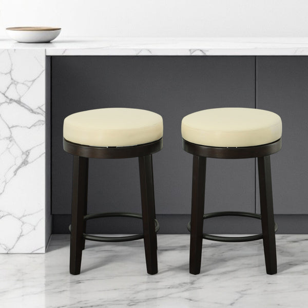 Homeroots Set Of Two 24" Cream And Espresso Faux Leather And Solid Wood Swivel Backless Counter Height Bar Chairs   516203