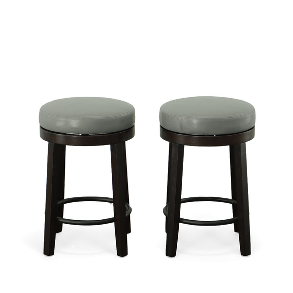 Homeroots Set Of Two 24" Gray And Espresso Faux Leather And Solid Wood Swivel Backless Counter Height Bar Chairs   516204