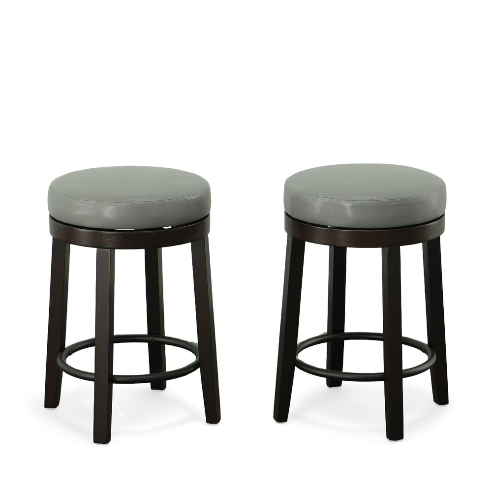 Homeroots Set Of Two 24" Gray And Espresso Faux Leather And Solid Wood Swivel Backless Counter Height Bar Chairs   516204