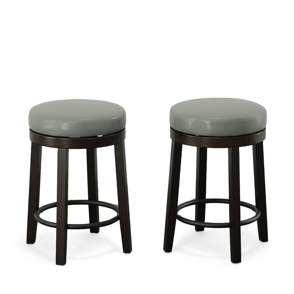 Homeroots Set Of Two 24" Gray And Espresso Faux Leather And Solid Wood Swivel Backless Counter Height Bar Chairs   516204