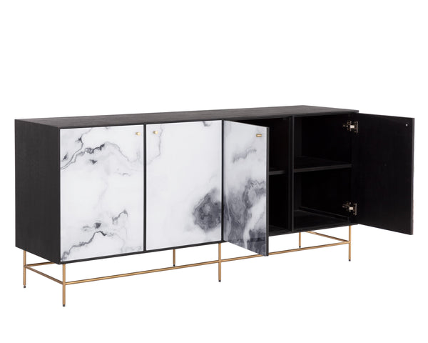 Sunpan Cordero Sideboard: Modern Acacia Wood Beauty with Marble Design, Antique Brass Legs & 4 Cabinets