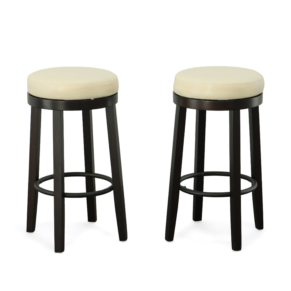 Homeroots Set Of Two 30" Cream And Espresso Faux Leather And Solid Wood Swivel Backless Bar Height Bar Chairs   516205