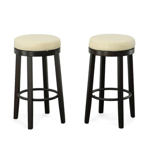 Homeroots Set Of Two 30" Cream And Espresso Faux Leather And Solid Wood Swivel Backless Bar Height Bar Chairs   516205