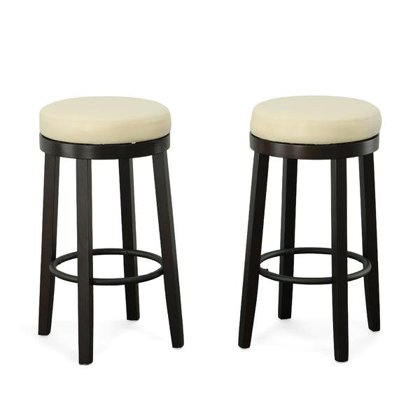 Homeroots Set Of Two 30" Cream And Espresso Faux Leather And Solid Wood Swivel Backless Bar Height Bar Chairs   516205