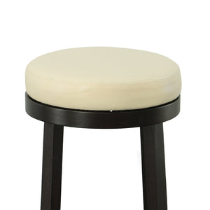 Homeroots Set Of Two 30" Cream And Espresso Faux Leather And Solid Wood Swivel Backless Bar Height Bar Chairs   516205