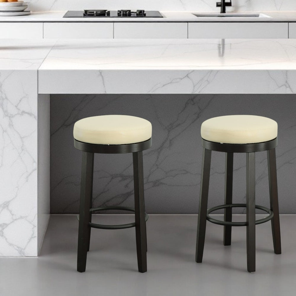 Homeroots Set Of Two 30" Cream And Espresso Faux Leather And Solid Wood Swivel Backless Bar Height Bar Chairs   516205