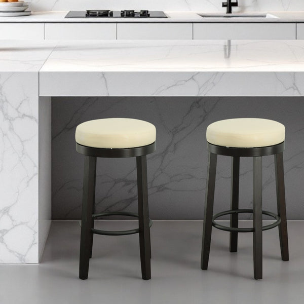 Homeroots Set Of Two 30" Cream And Espresso Faux Leather And Solid Wood Swivel Backless Bar Height Bar Chairs   516205