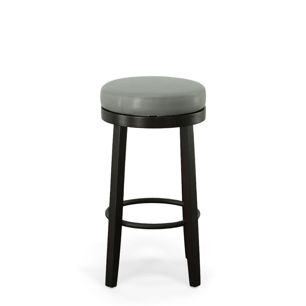 Homeroots Set Of Two 30" Gray And Espresso Faux Leather And Solid Wood Swivel Backless Bar Height Bar Chairs   516206