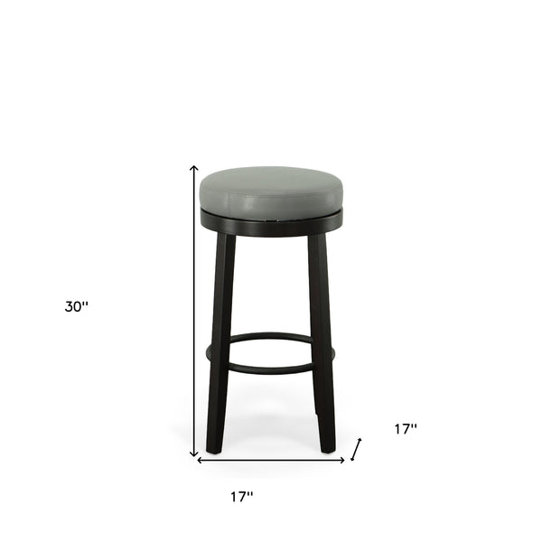 Homeroots Set Of Two 30" Gray And Espresso Faux Leather And Solid Wood Swivel Backless Bar Height Bar Chairs   516206
