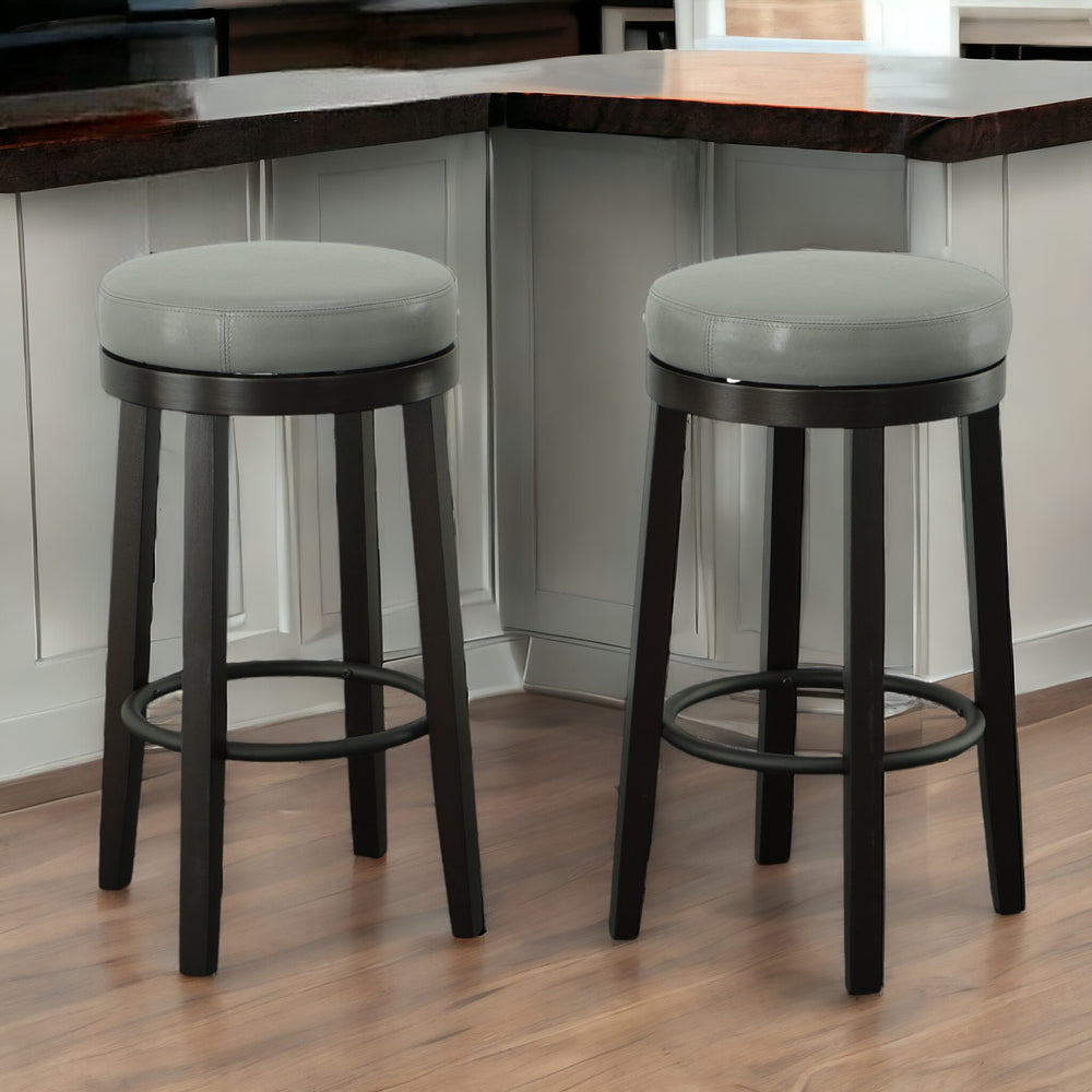 Homeroots Set Of Two 30" Gray And Espresso Faux Leather And Solid Wood Swivel Backless Bar Height Bar Chairs   516206