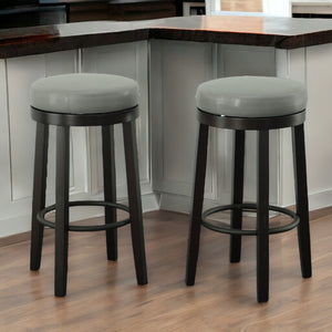 Homeroots Set Of Two 30" Gray And Espresso Faux Leather And Solid Wood Swivel Backless Bar Height Bar Chairs   516206