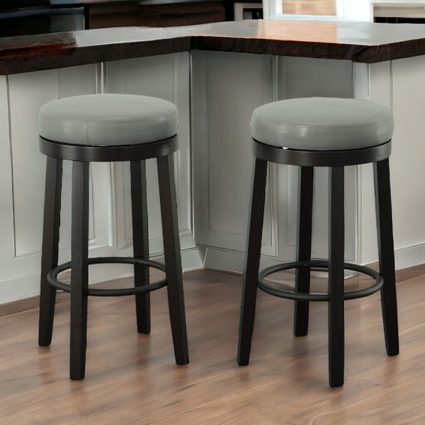Homeroots Set Of Two 30" Gray And Espresso Faux Leather And Solid Wood Swivel Backless Bar Height Bar Chairs   516206