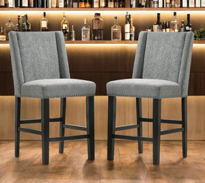 HomeRoots Set of Two Elegant 42" Espresso Solid Wood Bar Chairs with Charcoal Upholstered Bucket Seats 516207