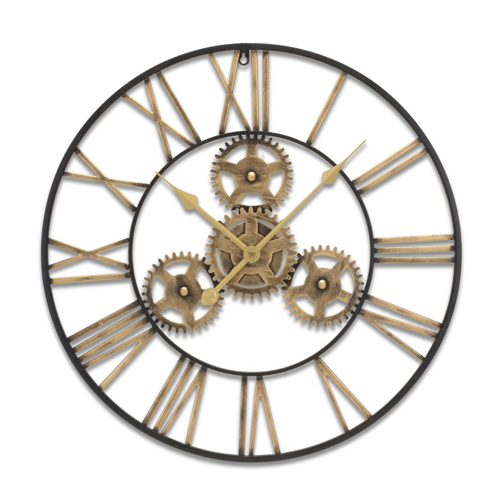 HomeRoots 24" Industrial Black and Gold Exposed Gear Wall Clock - Rustic Vintage Style for Home or Office Decor 516214