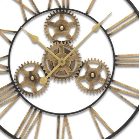 Homeroots 24" Black And Gold Vintage Exposed Gear Wall Clock - Elegant Metal Design For Timeless Home Decor   516214