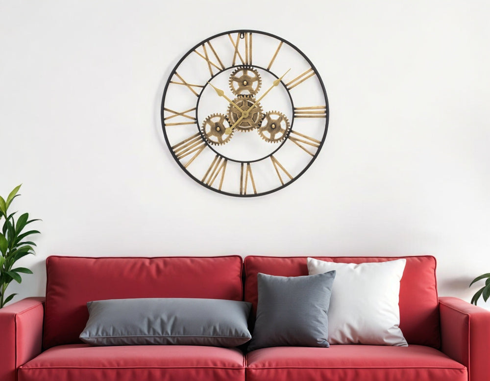Homeroots 24" Black And Gold Vintage Exposed Gear Wall Clock - Elegant Metal Design For Timeless Home Decor   516214