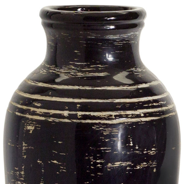 Homeroots 18" Black And Ivory Striped Urn Ceramic Floor Vase  Ceramic 516220