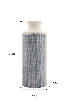 Homeroots 19" Blue And White Geometric Cylinder Terracotta Floor Vase  Terracotta 516222