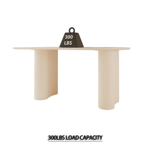 English Elm 63" Cream Mdf Dining Table Set with Carved Wave Legs and Beige Pu Upholstered Chairs White+Green W2189S00851