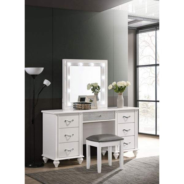 English Elm Charlotte White 7-Drawer Vanity Desk with LED Mirror, Glossy Modern Glam Makeup Table for Luxe Rooms B062S01008
