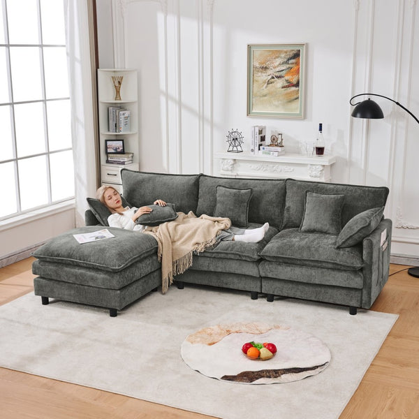 English Elm 101.9-inch Chenille Modular Sofa with Movable Footstool for Living Room Comfort W288S00033