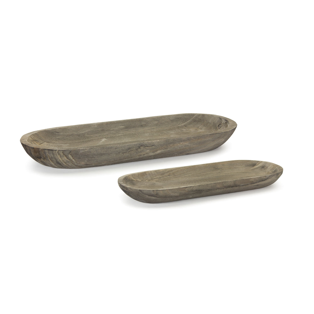 Homeroots Set Of Two Natural Brown Oval Solid Wood Serving Trays   516307