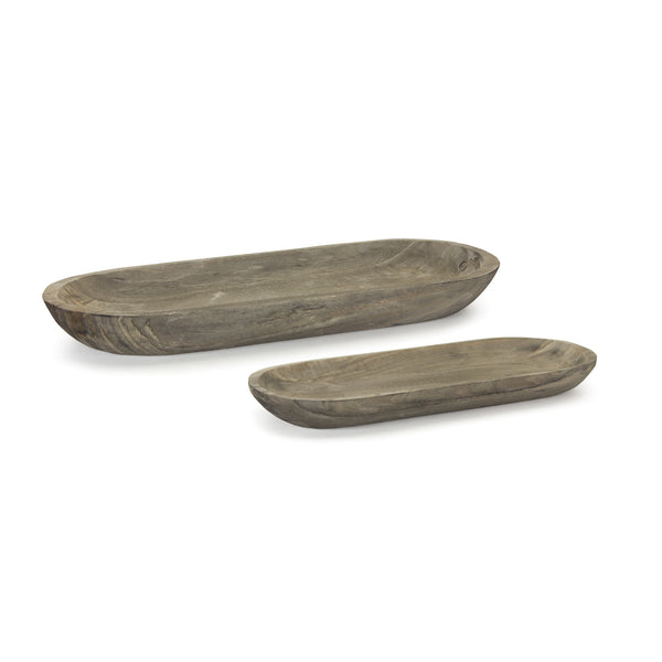 Homeroots Set Of Two Natural Brown Oval Solid Wood Serving Trays   516307
